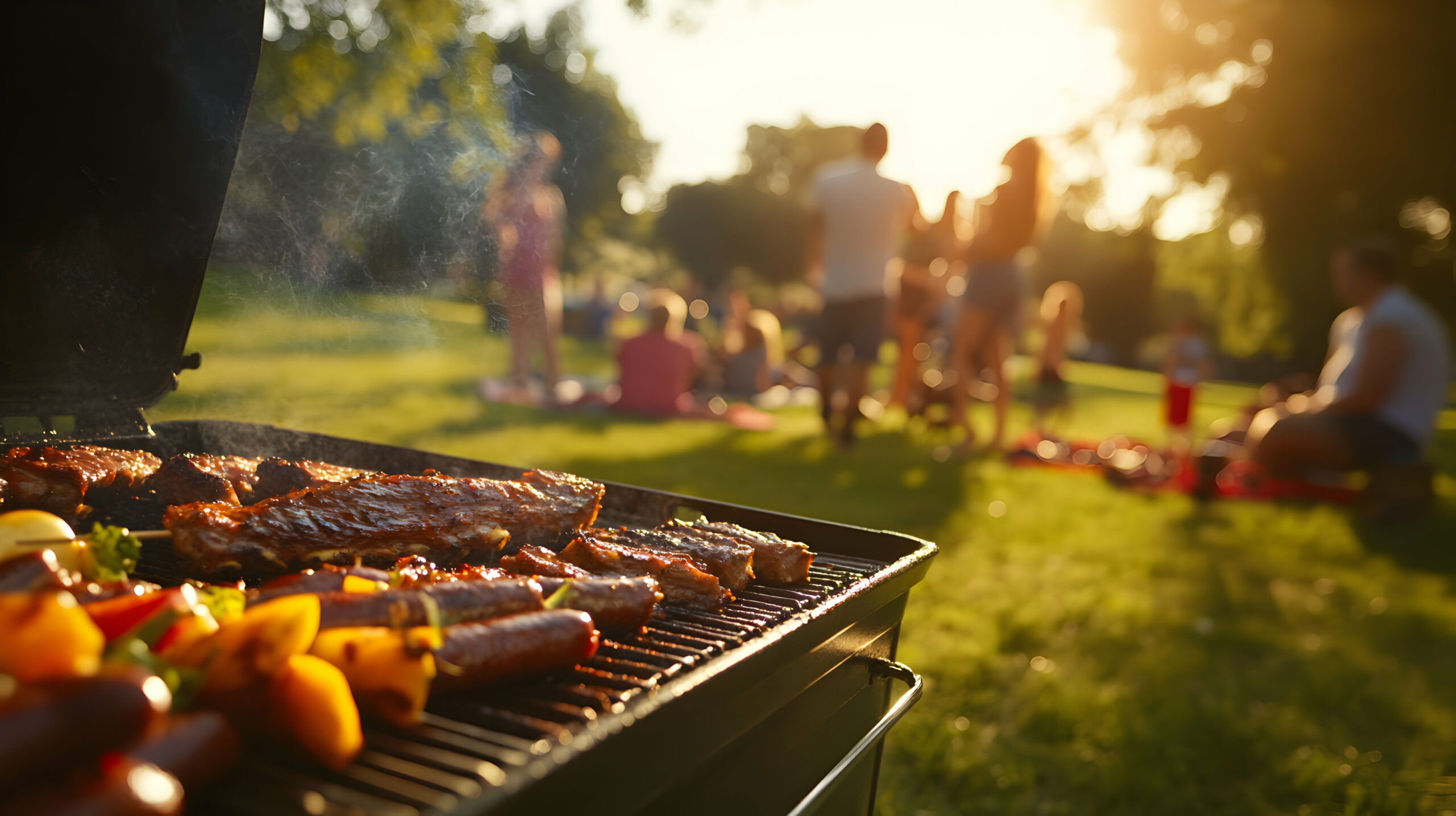 Delicious BBQ ribs and sausages grilling on a barbecue at a sunny summer picnic with friends and family in a park.